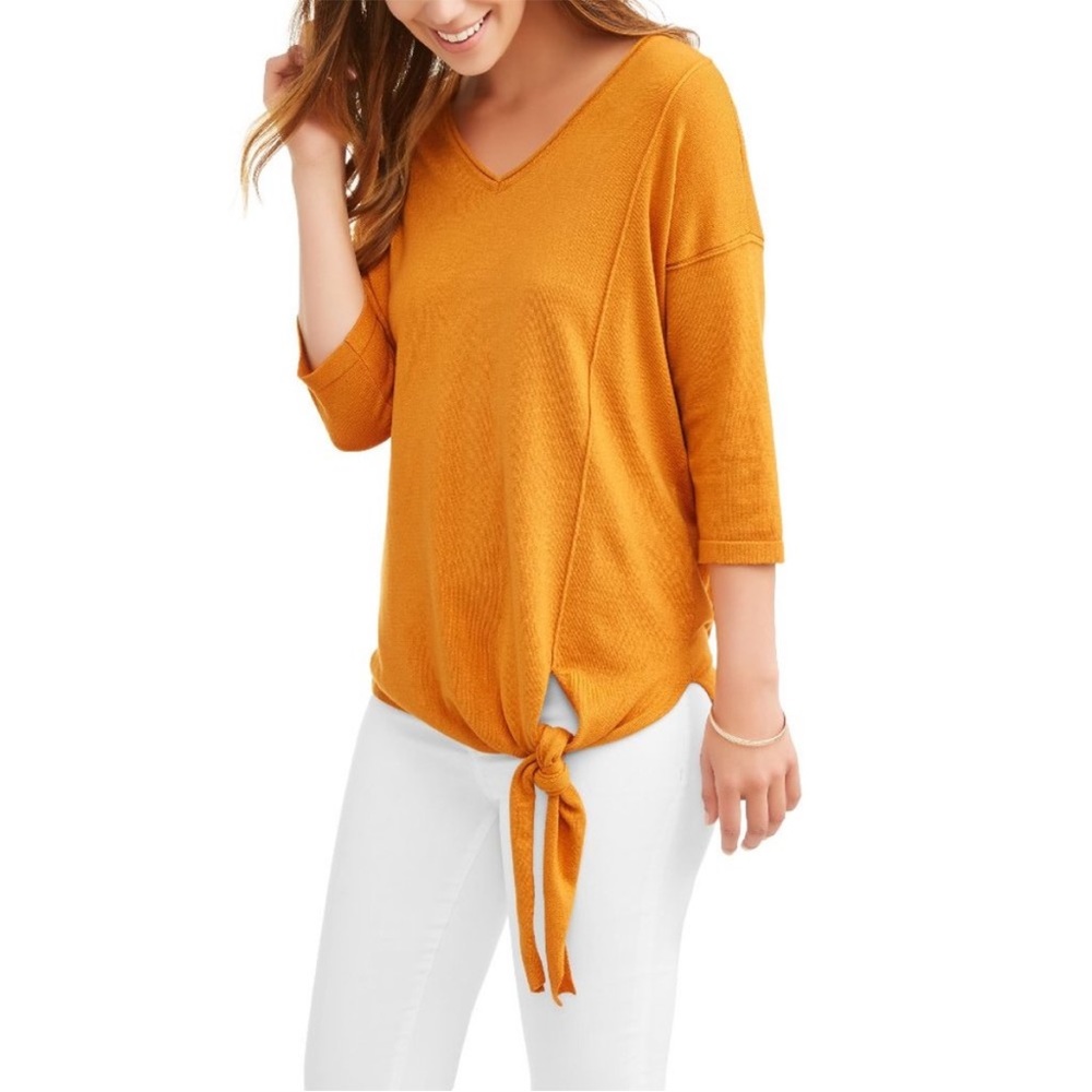 NWT Time and Tru Mustard V-Neck Top with Knot at the bottom.